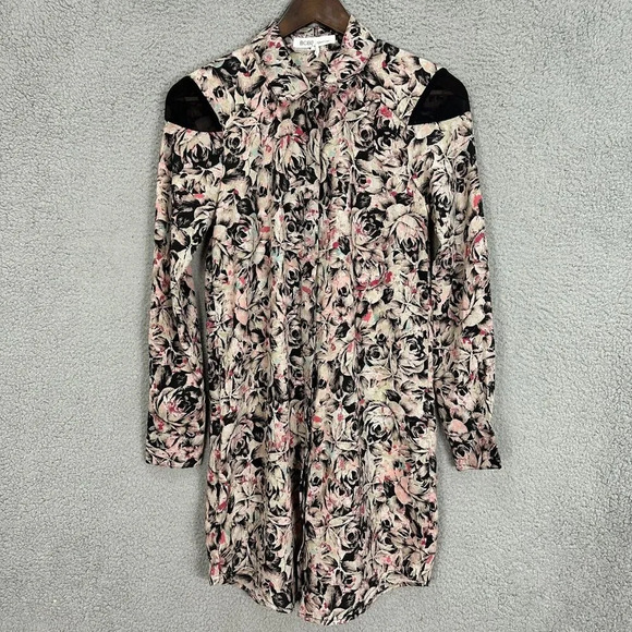 BCBgeneration Shift Dress Womens XXS Pink Floral Long Sleeve Boho Whimsigoth - Picture 1 of 10
